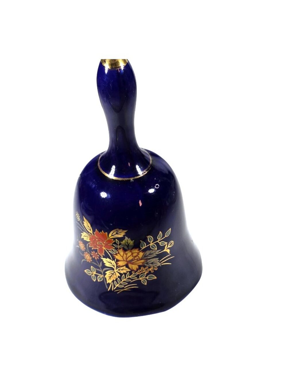 Vtg Cobalt Blue Ceramic Bell Gold tone Floral Orange Boho Grannycore